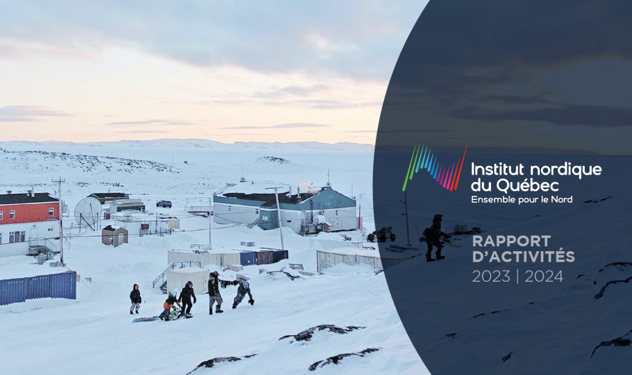 page couverture du rapport d'activités 2023-2024 de l'INQ. Enfants qui s'amusent dans la neige au Nunavik.