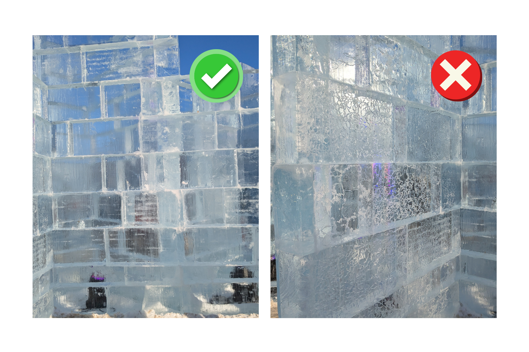 Ice structure comparison: desired transparent ice on the left versus whitened and weathered ice on the right